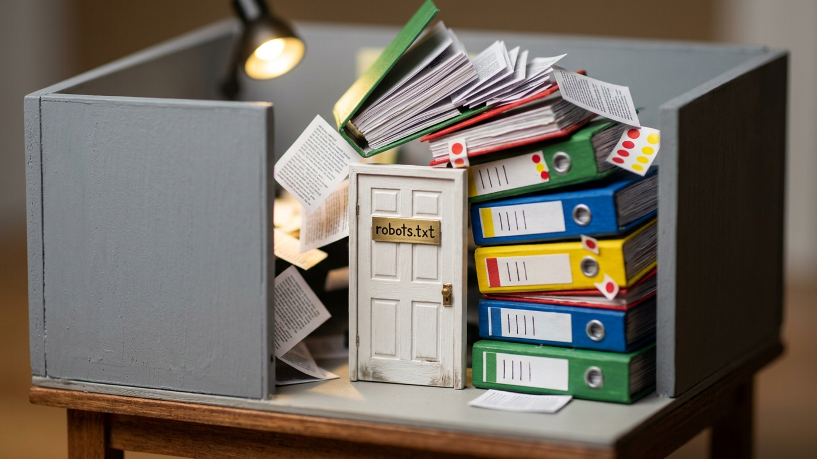 A small door labeled robots.txt holds back a stack of audit pages