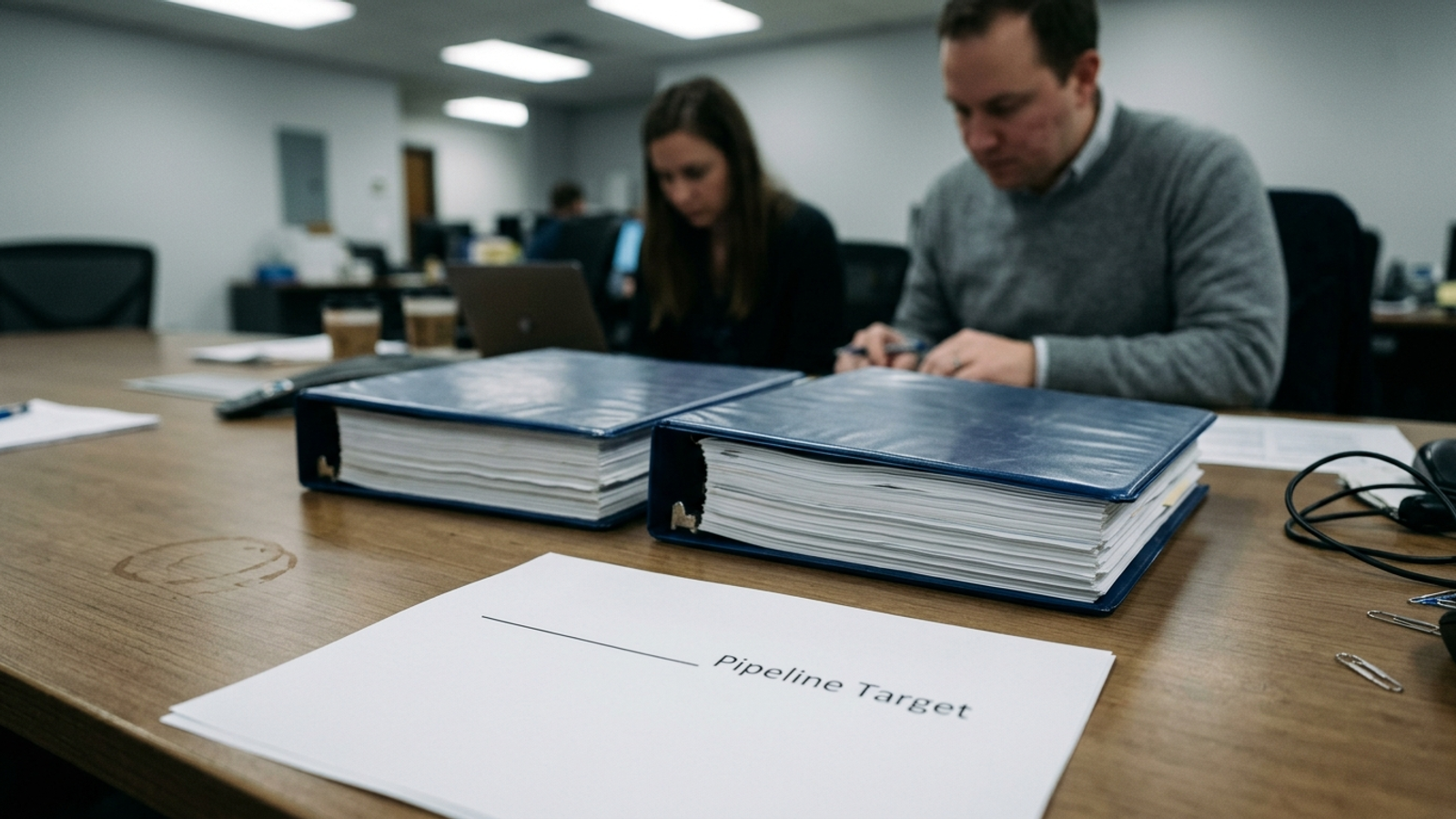 Two agency proposal binders beside a blank page for a pipeline commitment