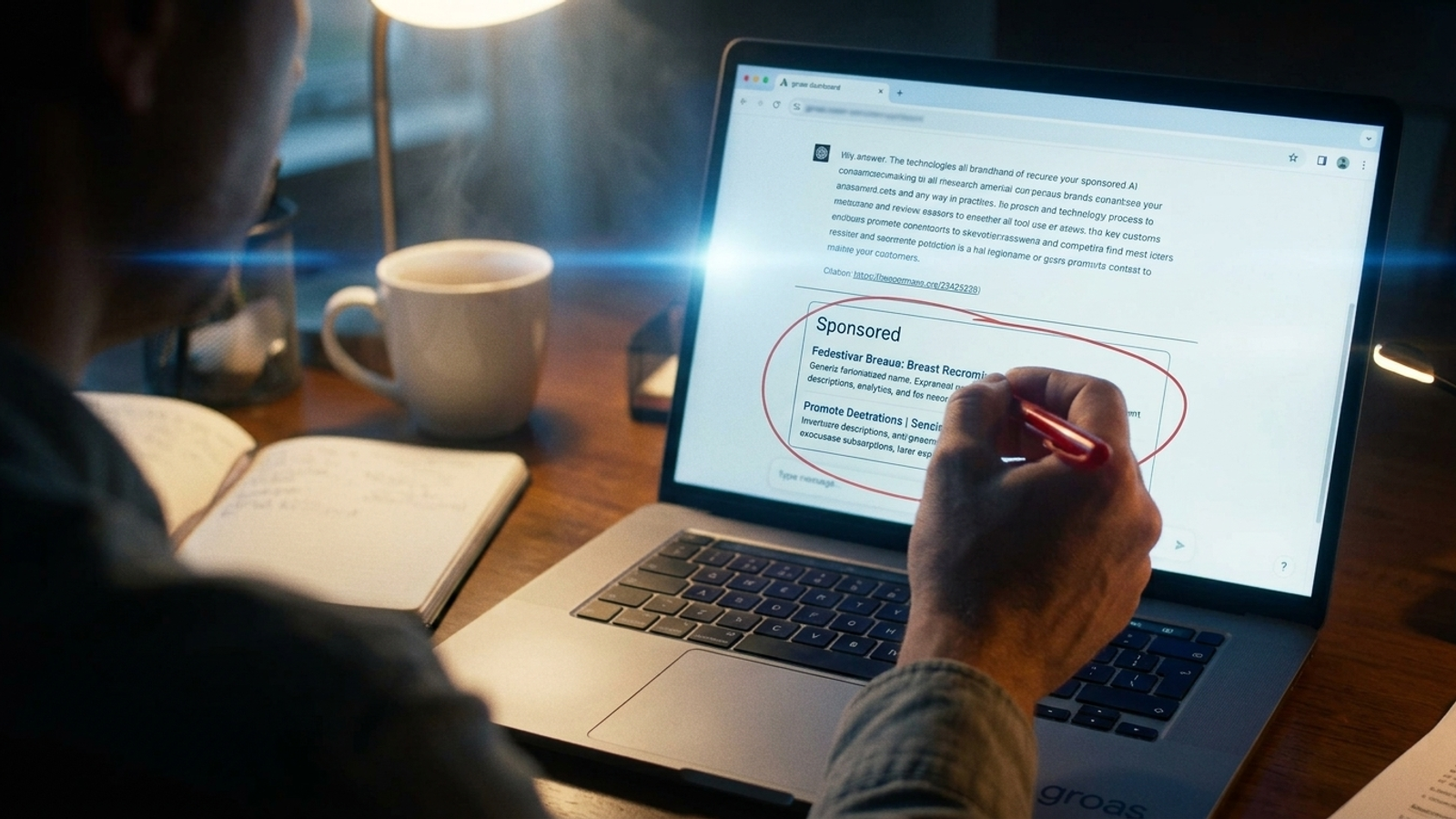 Chat answer with an earned citation above and a sponsored ad below