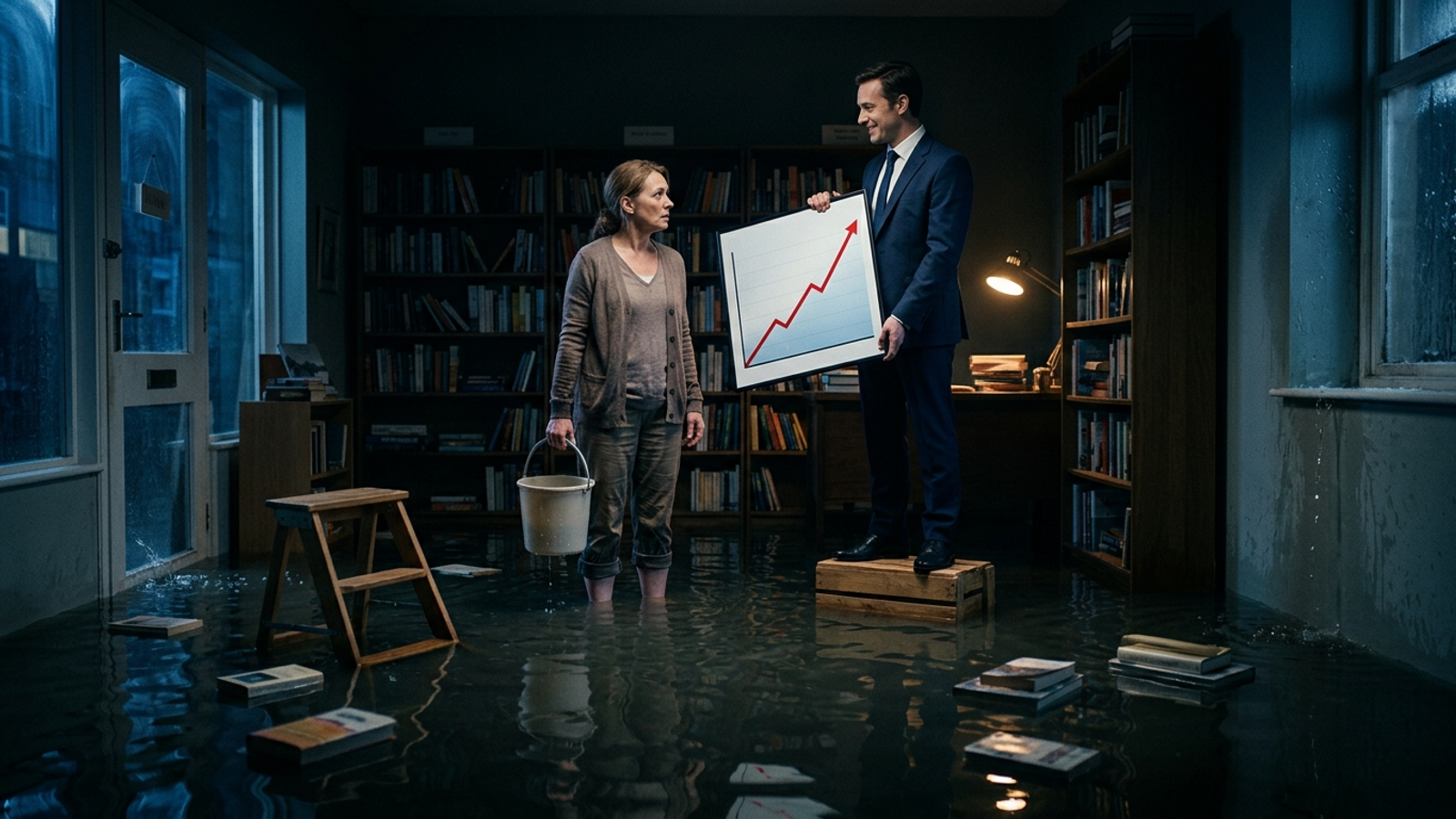 A shop owner stands in floodwater holding a bucket while a dry, smiling consultant proudly hands her a framed chart of the rising water level.
