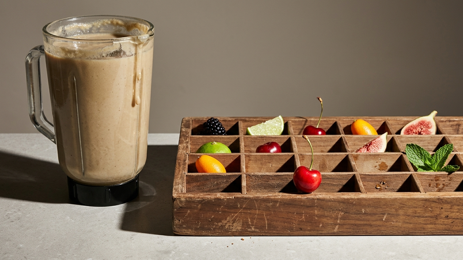 A blender of featureless beige purée beside a tray of 25 sorted whole fruits, some slots empty: a blended score versus a per-question log.