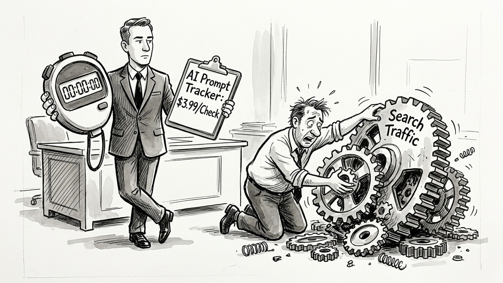Ink cartoon of a consultant with a stopwatch and clipboard watching a worker struggle with a broken machine.
