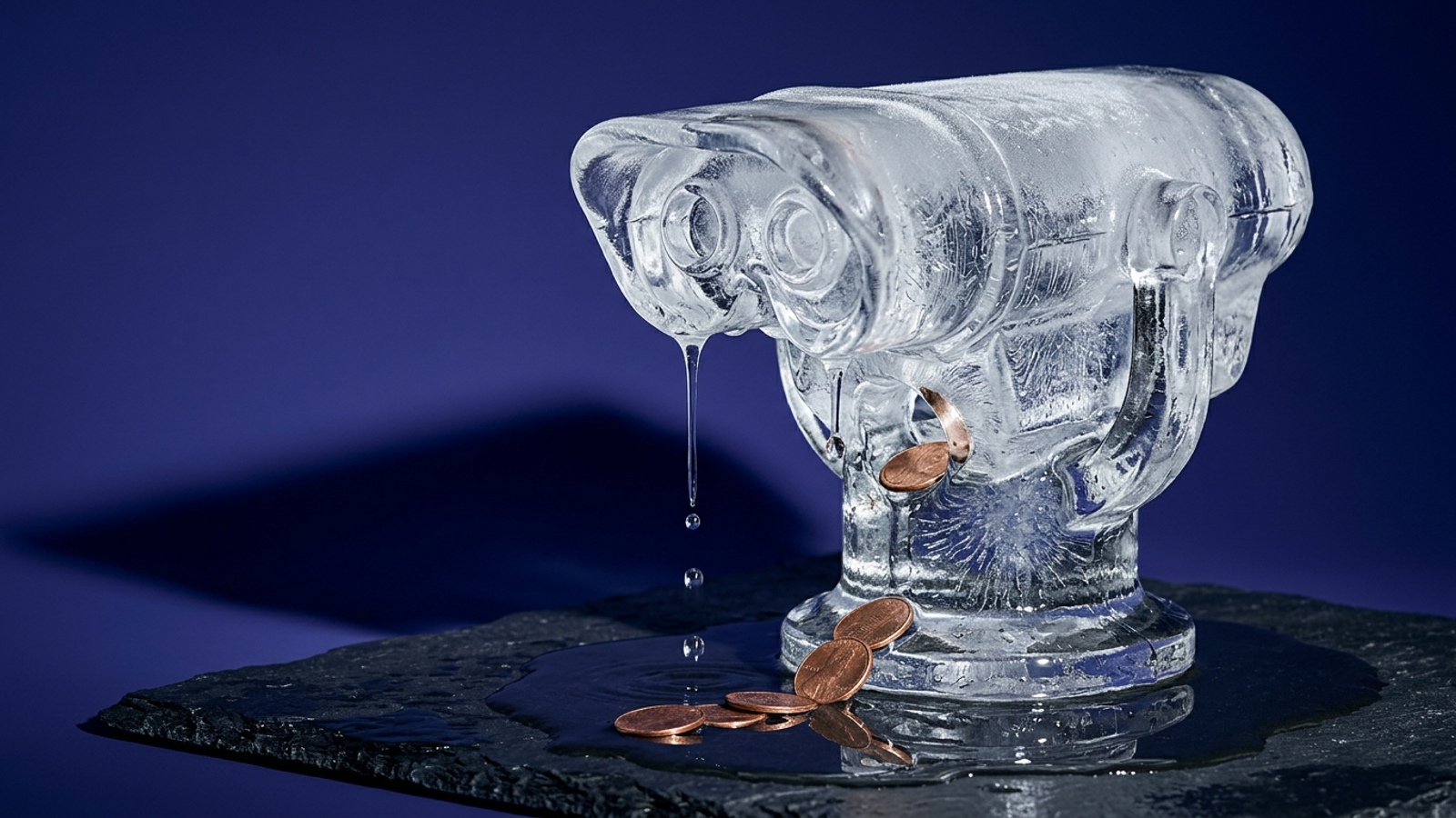 A coin-operated binocular viewer carved from ice melts on a plinth, coins spilling into the puddle: paying to look is a business melting away.