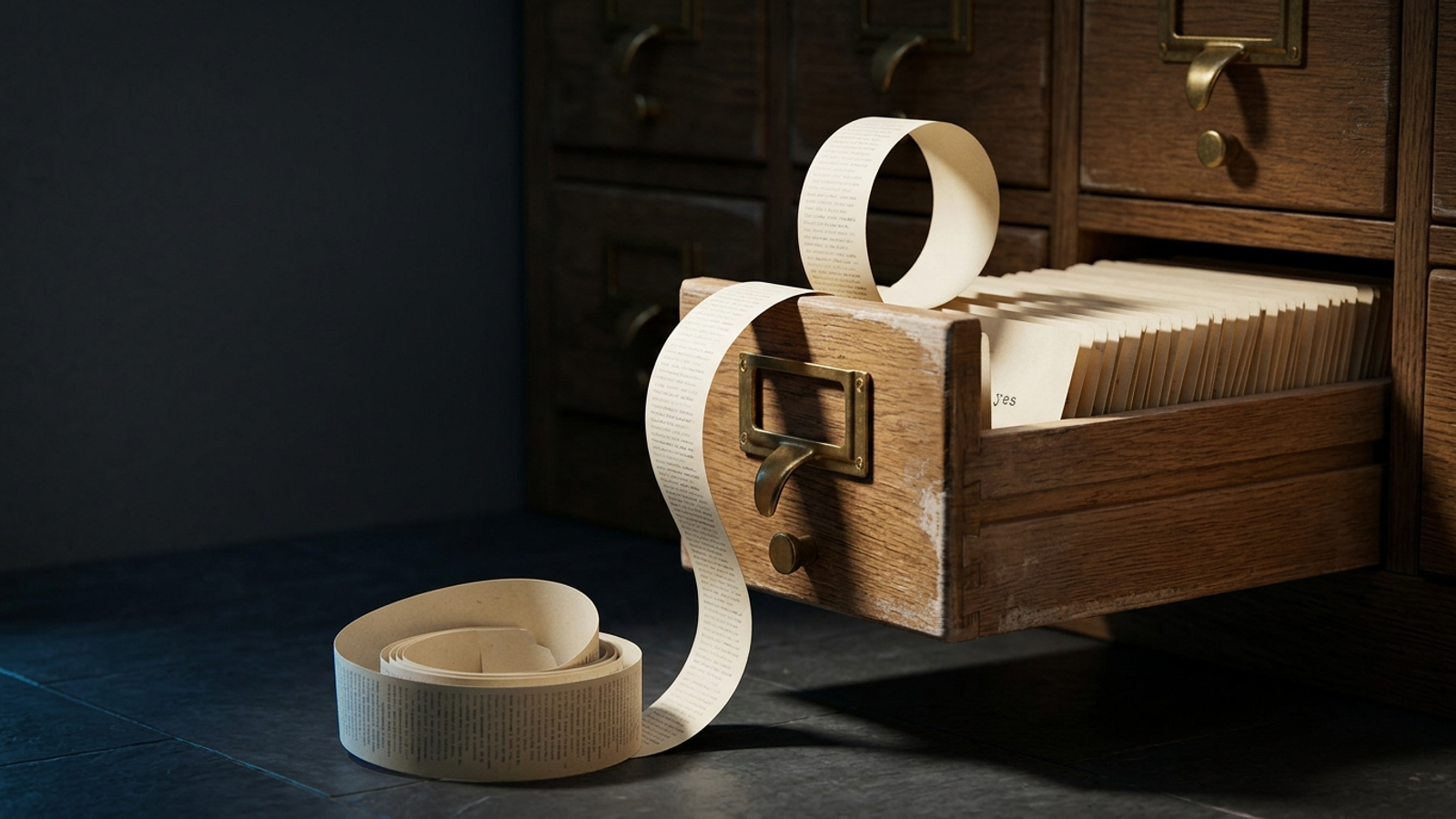 A card-catalogue drawer of short keyword slips with one slip unspooling into a long typed ribbon, a full buyer brief filed among keywords.