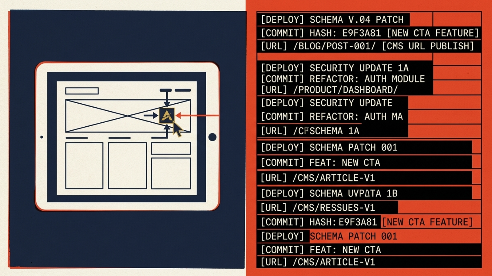 A poster contrasts a branded dashboard mockup with a terminal showing executed CMS changes.
