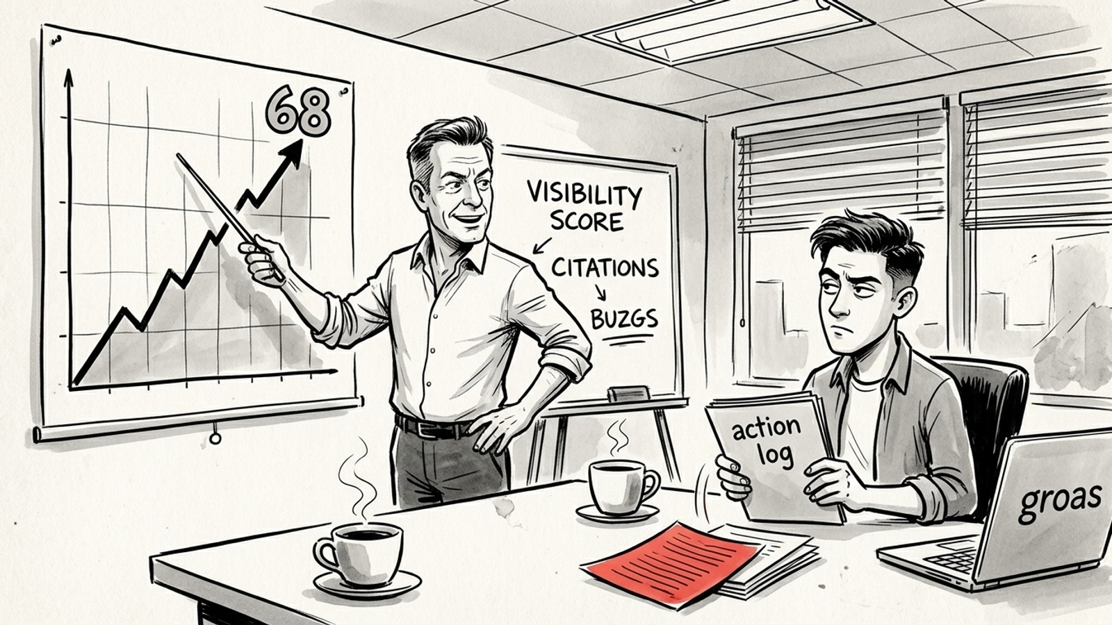 Vendor presents a rising visibility chart while an agency owner asks for an action log