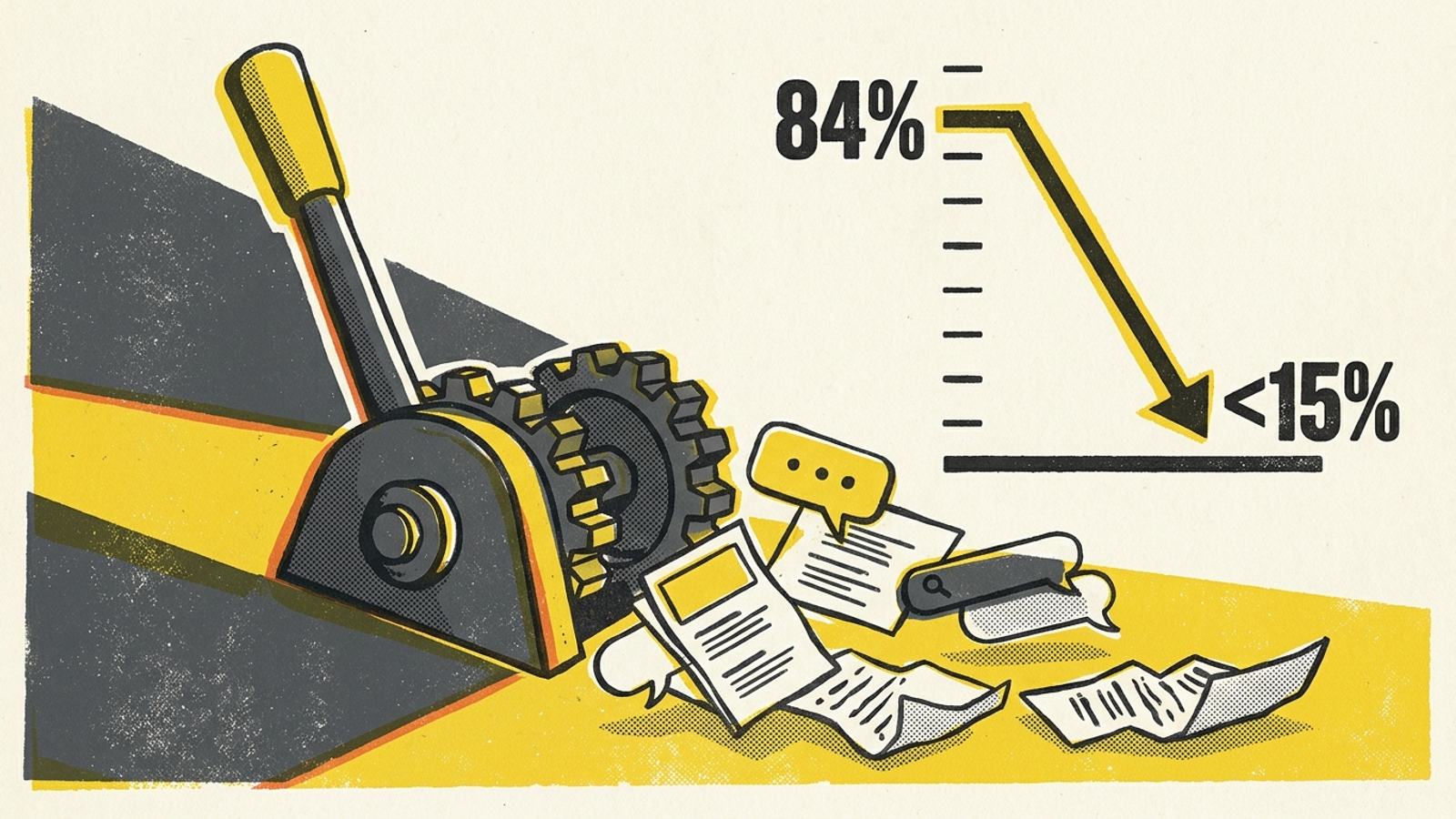 A search interface with an emergency brake pulled and a meter falling from 84% to under 15%.