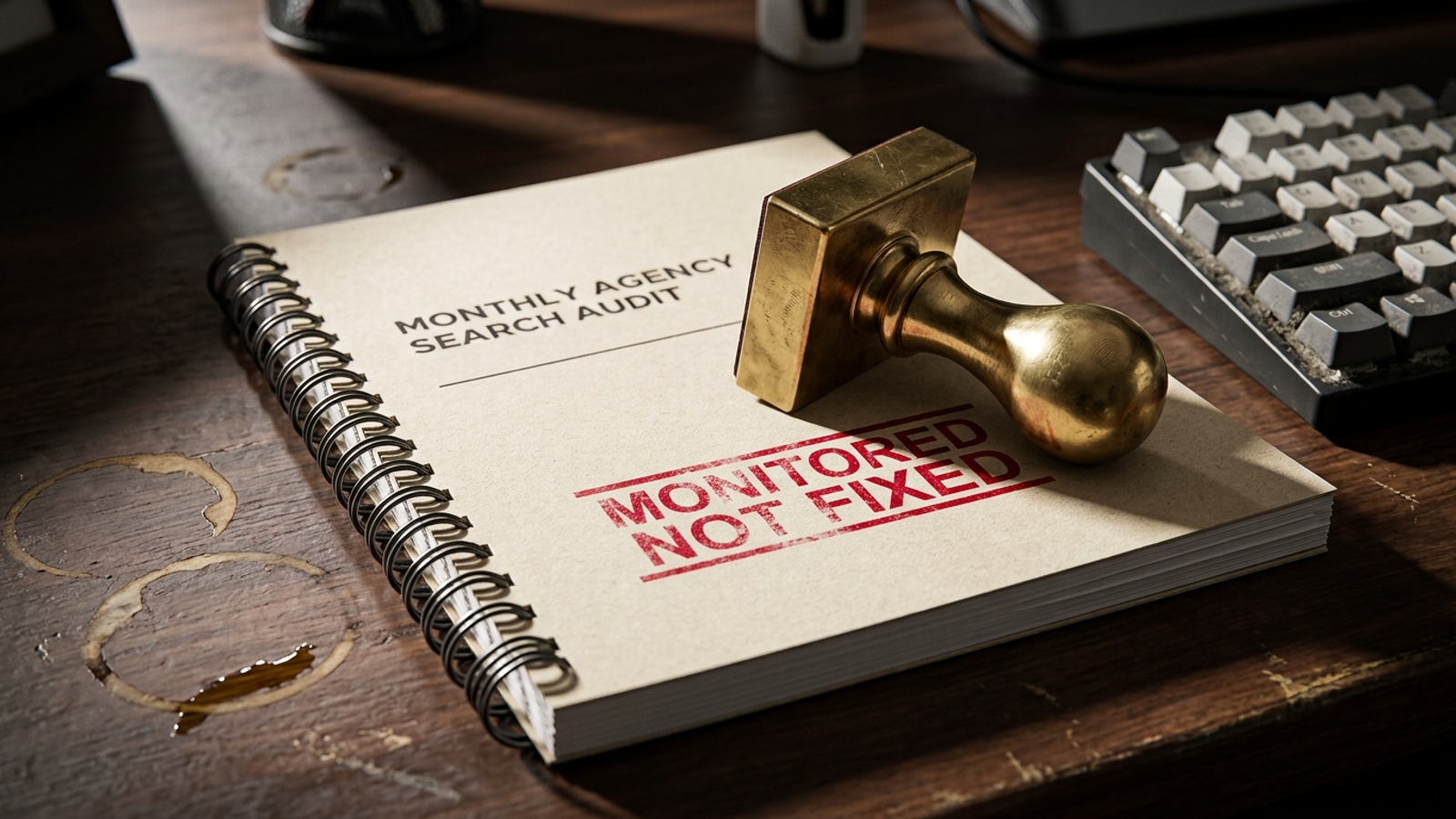 A desk stamp marked ‘MONITORED NOT FIXED’ on a stack of untouched agency audit reports.