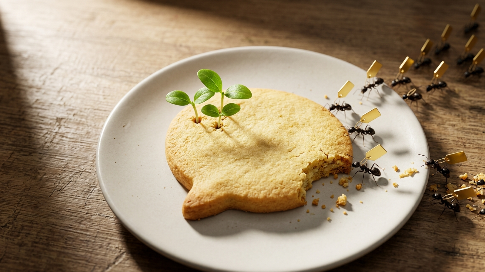 A speech-bubble cookie mostly eaten by ants carrying gold price tags, with three green seedlings surviving on its last corner: ads devouring AI answers.