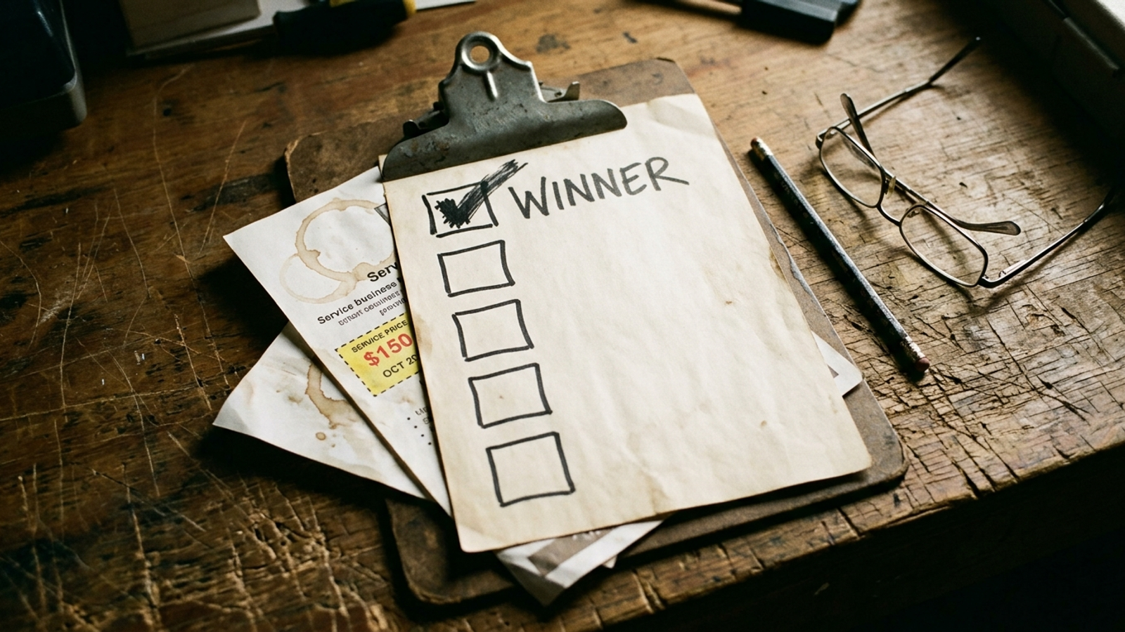 Checklist clipboard showing five citation fixes with one page marked as winner