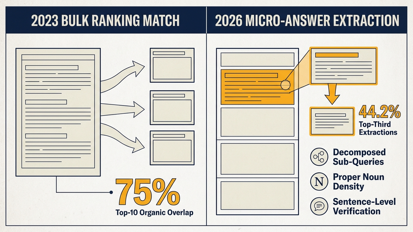 Infographic contrasting early generative-search source cards with links attached to specific claims in an answer.