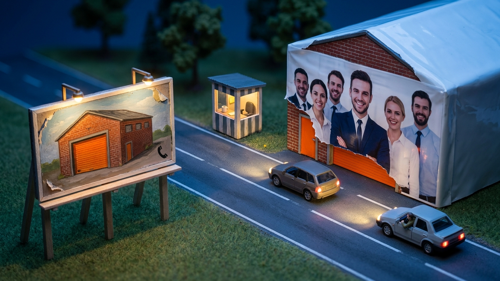 Model town at night: a billboard shows a brick warehouse, but the real one is wrapped in a stock-photo banner, cars turn back, and the guard booth is empty.