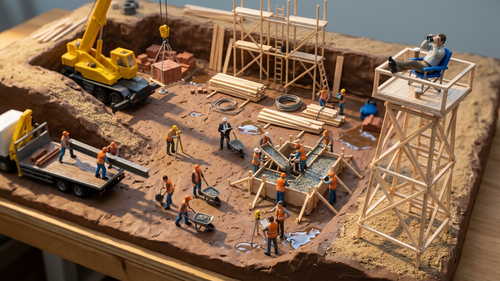 Tiny model construction site: dozens of workers dig, pour and lift while one man sits on a lookout tower with binoculars — watching is the easy part.