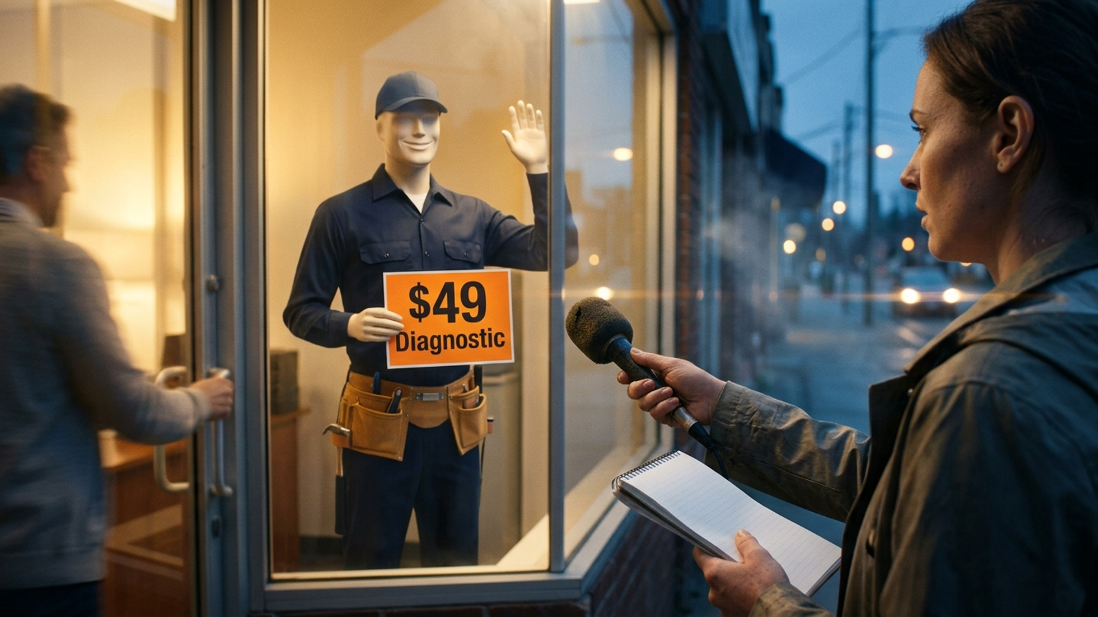 A reporter holds a microphone to a shop-window mannequin with a "$49 Diagnostic" sign, her notebook blank: a page that sells but can't be quoted.