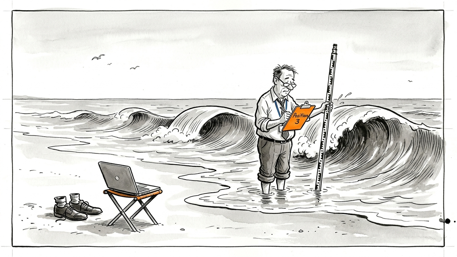Cartoon of an office worker in the surf measuring one wave and writing "Position 3" as differently shaped waves roll in behind him.