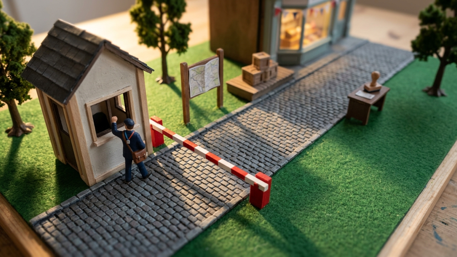 Tilt-shift model of a tiny courier stopped at a lowered barrier, while a polished shop waits unreachable at the end of a path of checkpoints.