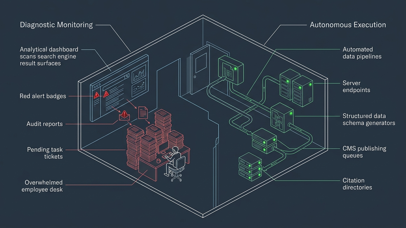 Diagnostic AEO monitoring generates tickets; an execution engine makes changes.