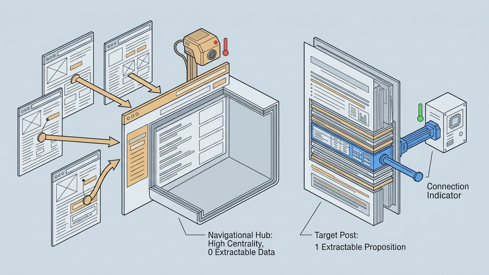Cutaway of a website taxonomy showing links concentrated on a category hub beside a detailed post.