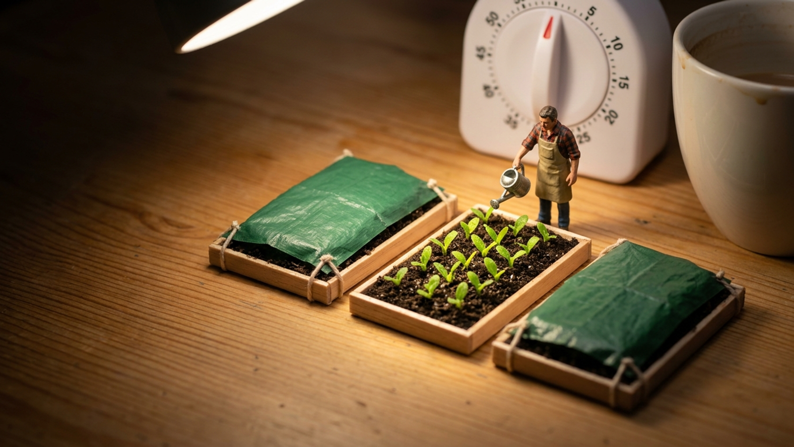 A tiny shop-owner figurine waters one sprouting garden plot while two others stay tarped, beside a giant kitchen timer: focus on one thing.