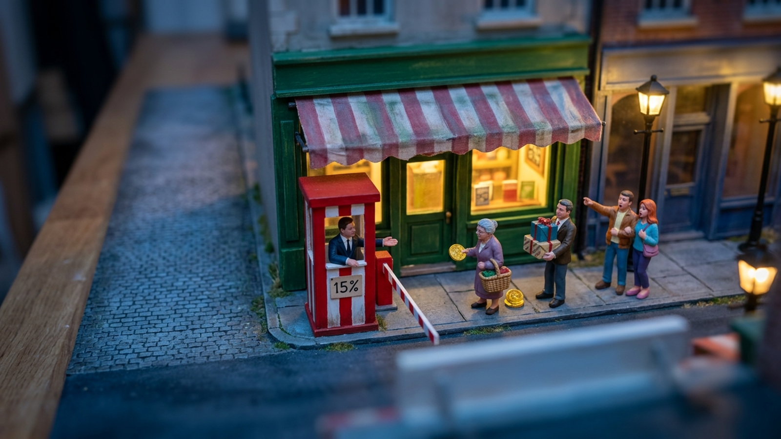 Tabletop model of a small shop with a toll booth on its own doorstep, its loyal regulars paying a coin to get in, a cut on sales it would have made anyway.