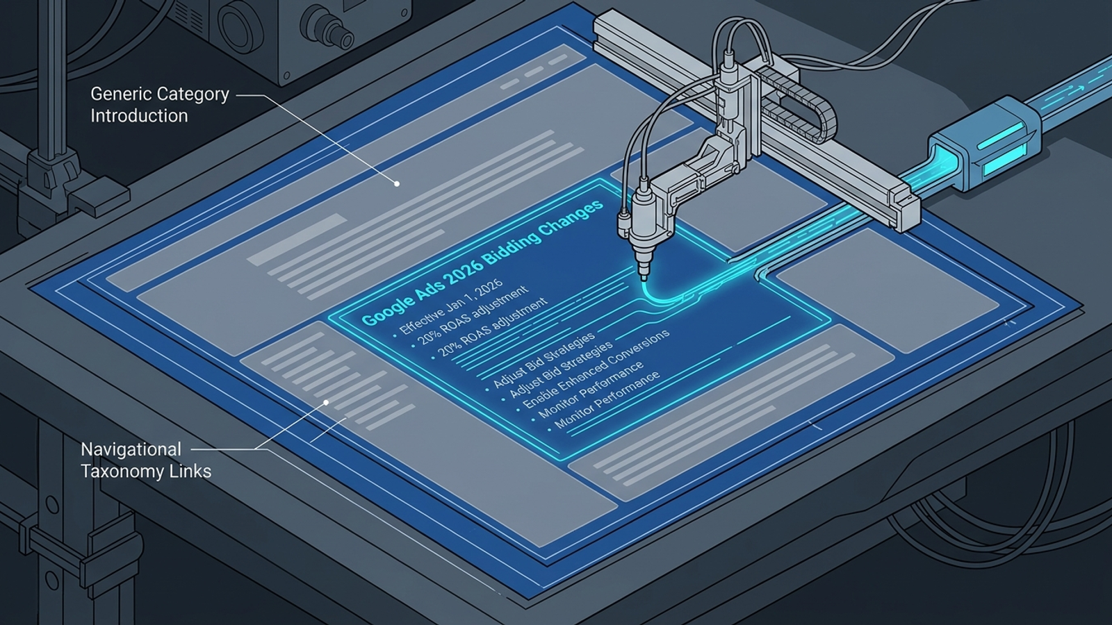 Technical cutaway showing a live AI retriever extracting a self-contained passage from a webpage rather than its generic introduction.