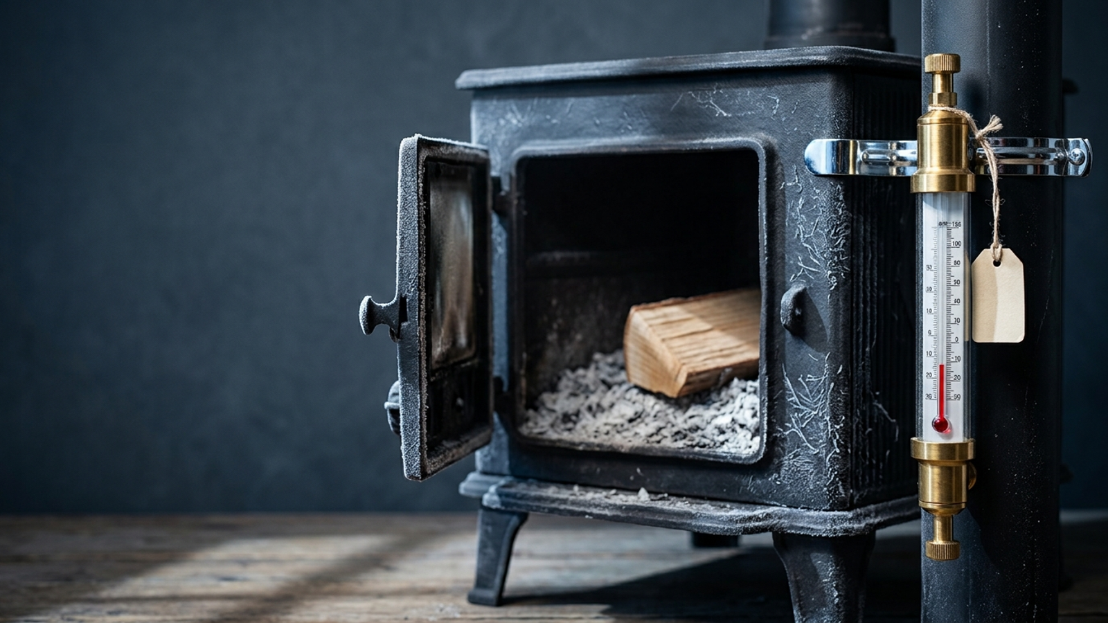 A pristine brass thermometer clamped to a frost-covered, unlit wood stove reads freezing: measuring the problem instead of lighting the fire.