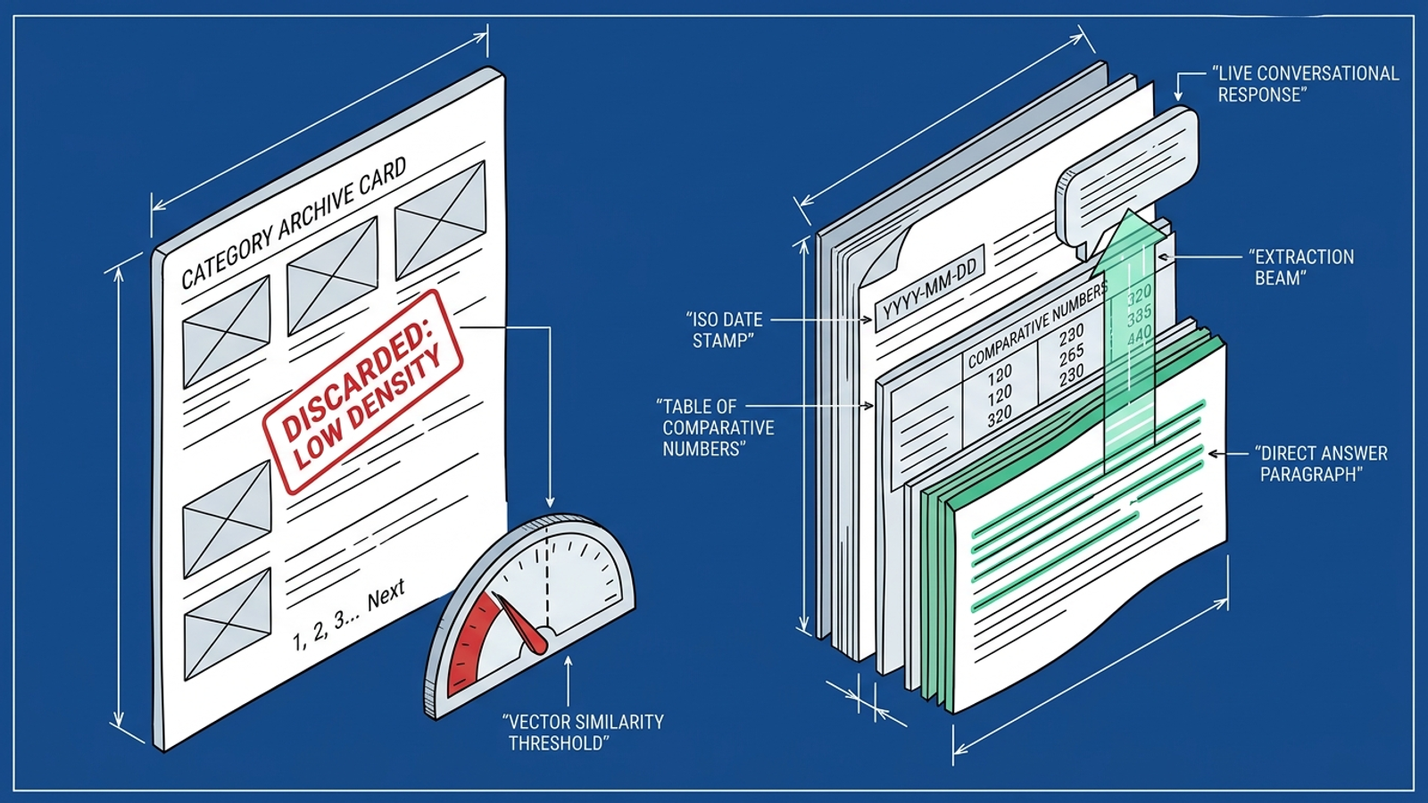 Diagram contrasting an archive card with a self-contained passage from an article.