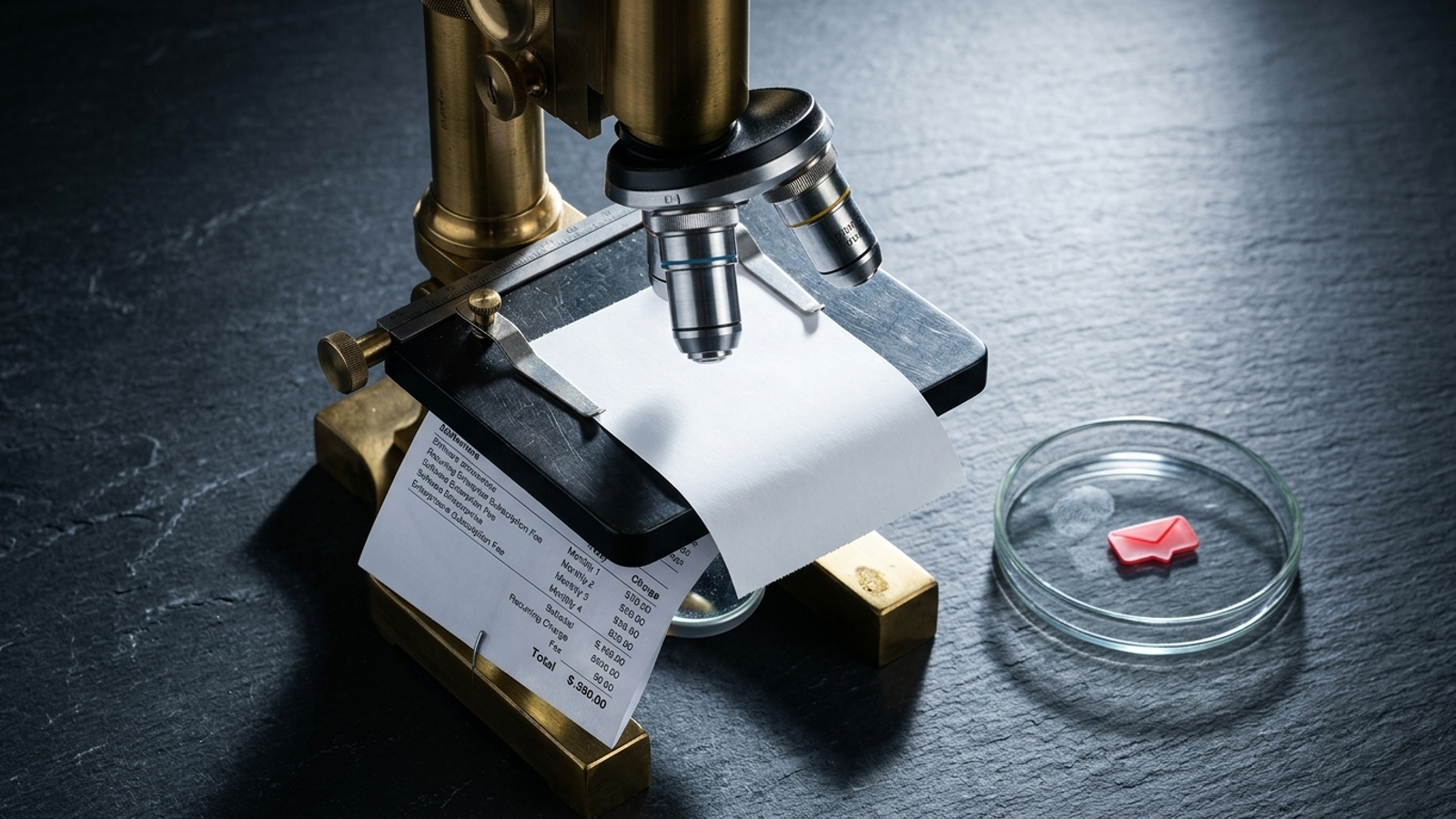A brass microscope examines blank receipt paper beside a crumpled software invoice.