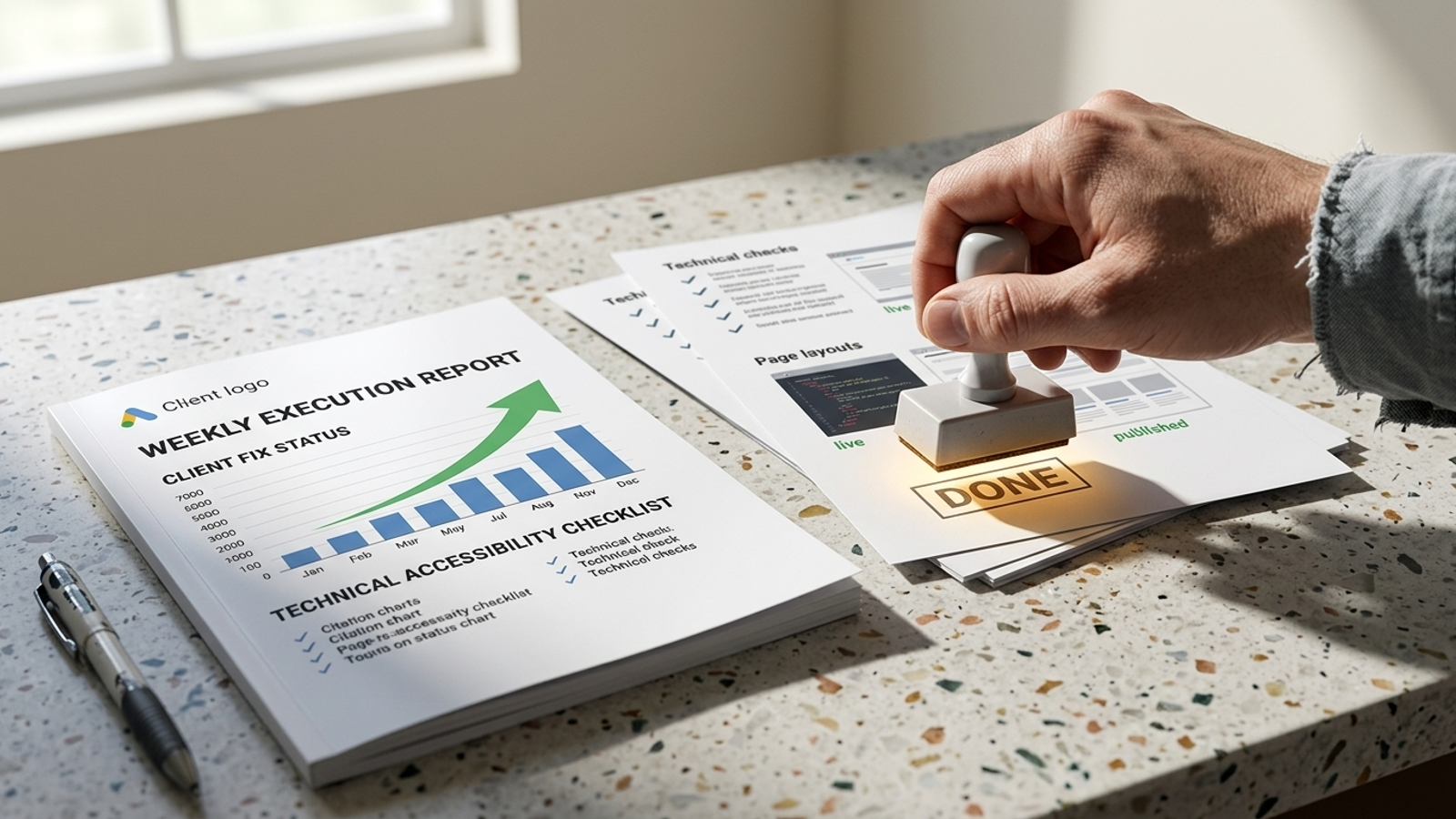White-label client report beside a checklist of published fixes