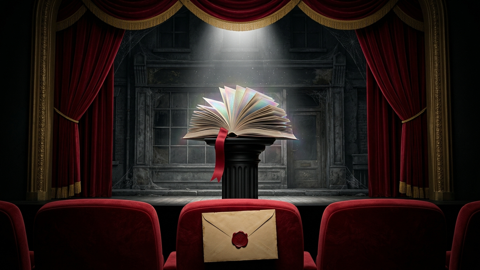 A spotlit stage presents a thick glossy audit report like a relic while the closed, dusty shopfront behind it sits dark and untouched.