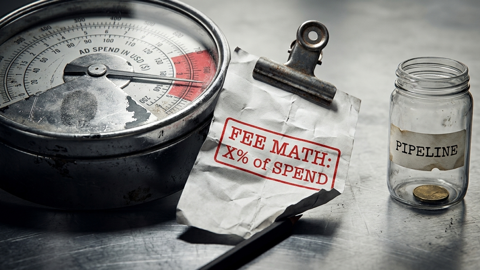 Paper agency invoice chained to a rising ad spend dial while pipeline stays flat