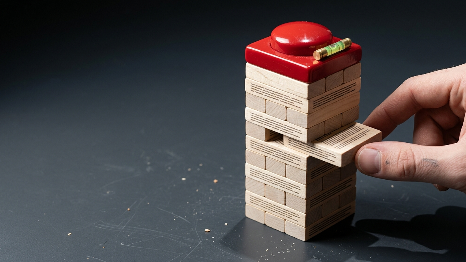 A hand slides a printed text block from the middle of a wooden tower while the red button on top stays perfectly level: answers added without moving the form.