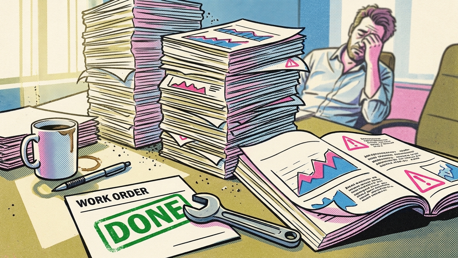 An inbox full of unread SEO audit PDFs beside a work order ready to act on