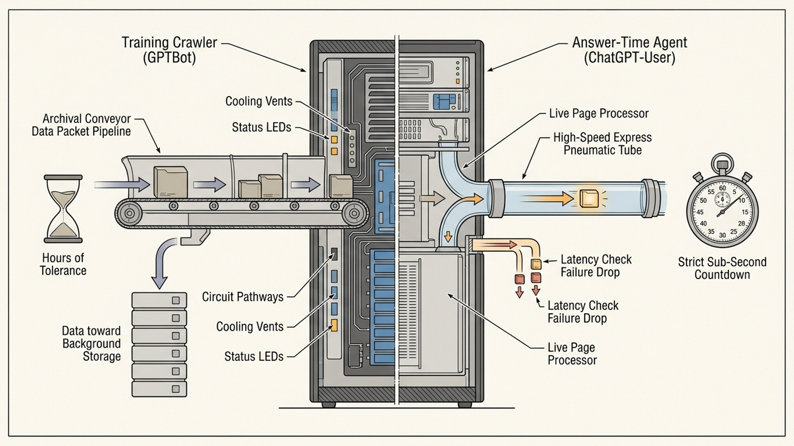 Diagram of a web server receiving separate crawler and answer-time bot requests.