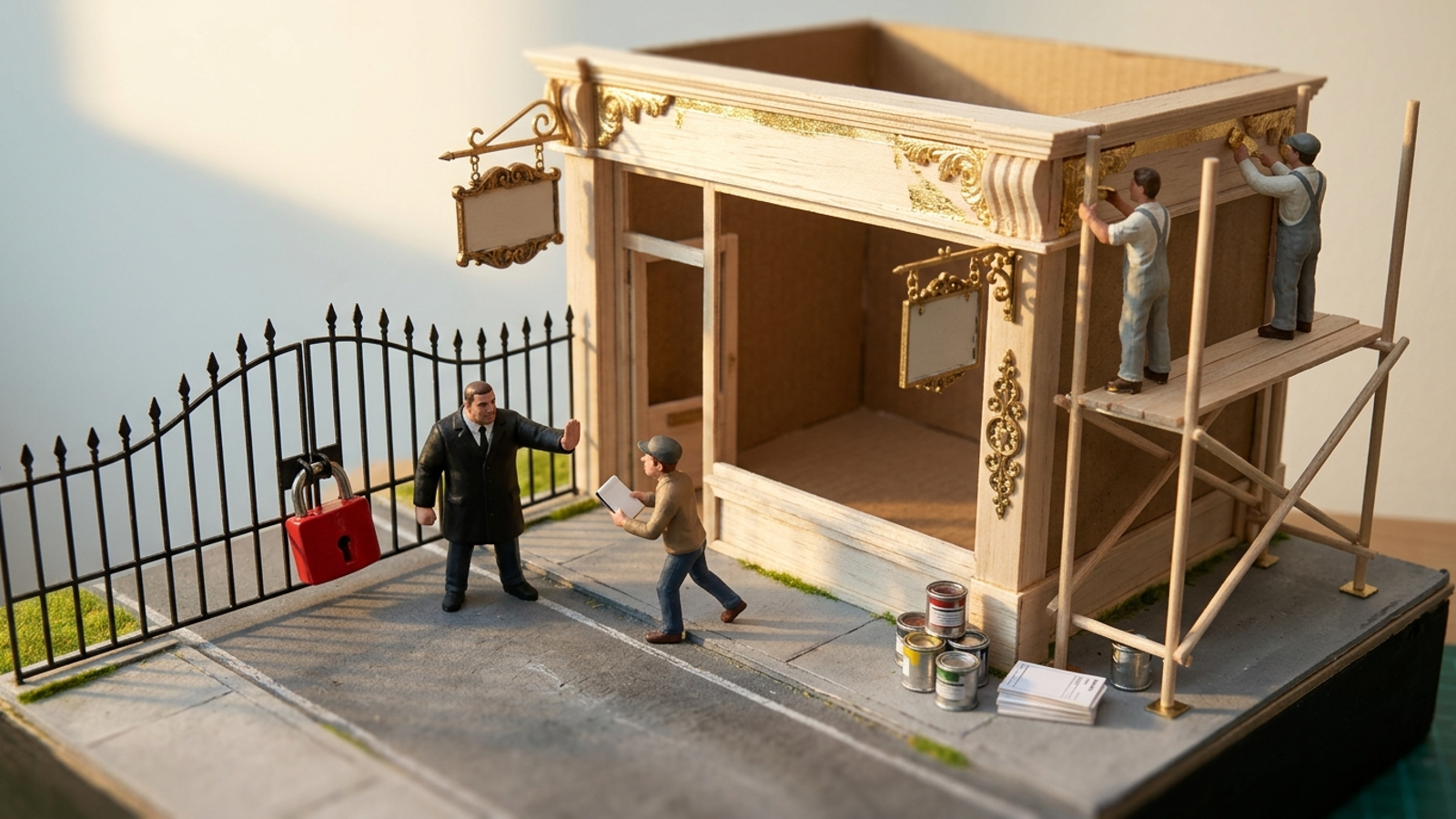 Tabletop model: workers gild a shop's hollow facade while a bouncer at the padlocked gate turns away the courier who came to read it.