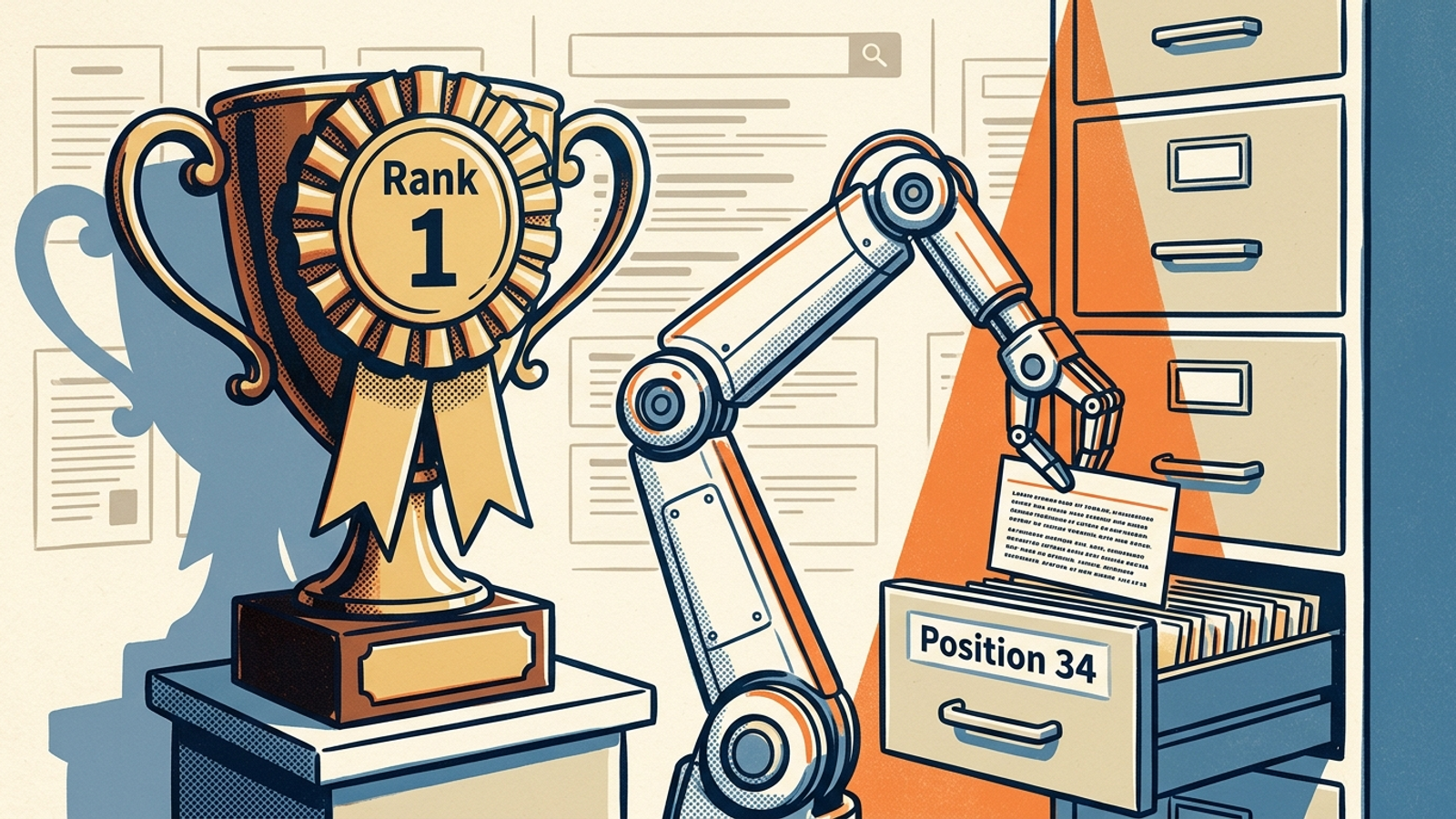 A robotic arm reaches past a first-place trophy toward an index card on a lower shelf.