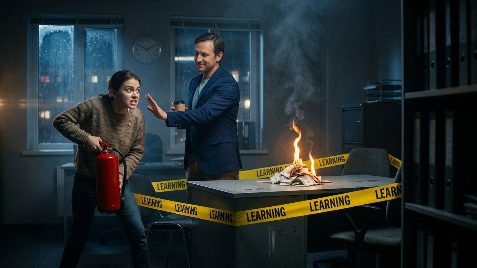 A marketer with a fire extinguisher is held back by a calm consultant from a desk taped off as 'LEARNING' while a pile of cash burns on it.