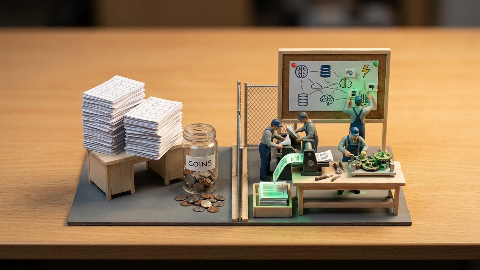 Miniature model of two AEO offers: a dashboard stack beside a workbench shipping fixes