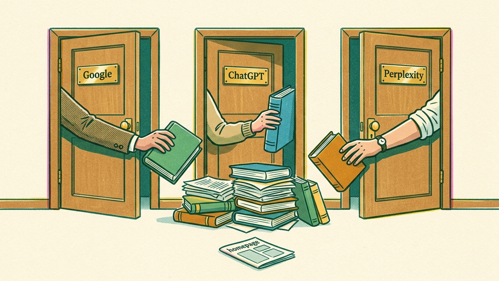 Different books being pulled through doors labeled Google, ChatGPT, and Perplexity