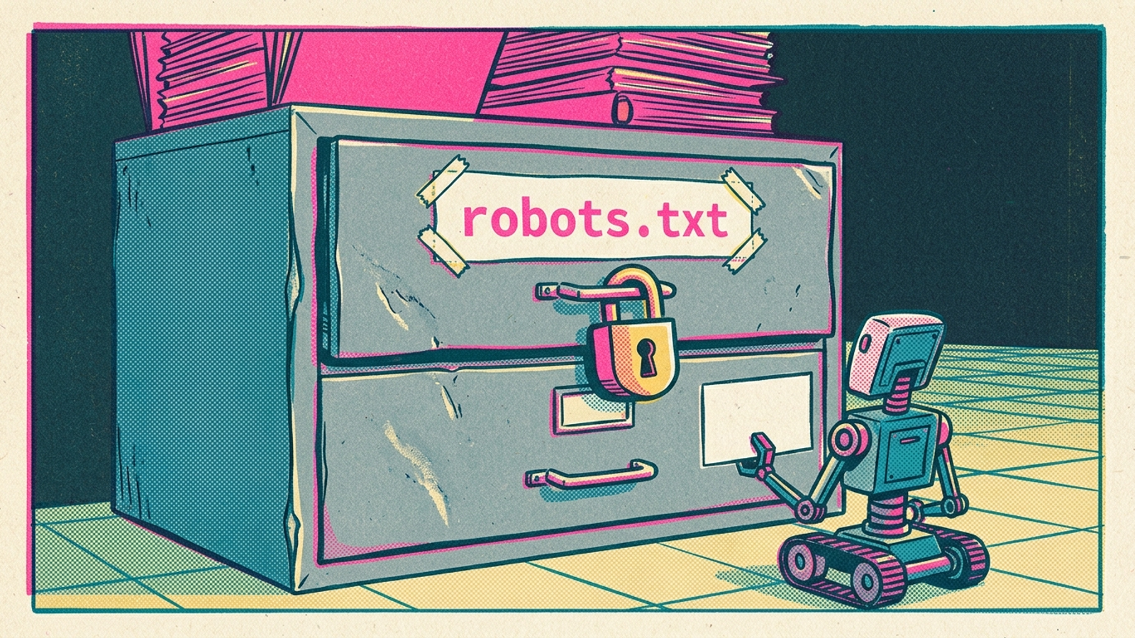 A locked filing cabinet labeled robots.txt blocking a robot holding a quote card