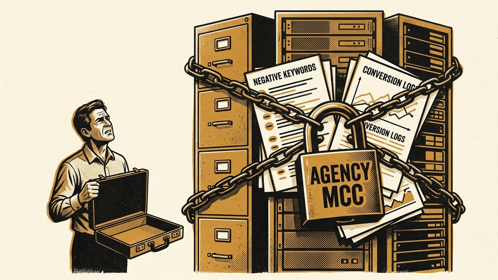 Illustration of an advertising account vault locked away from its client.