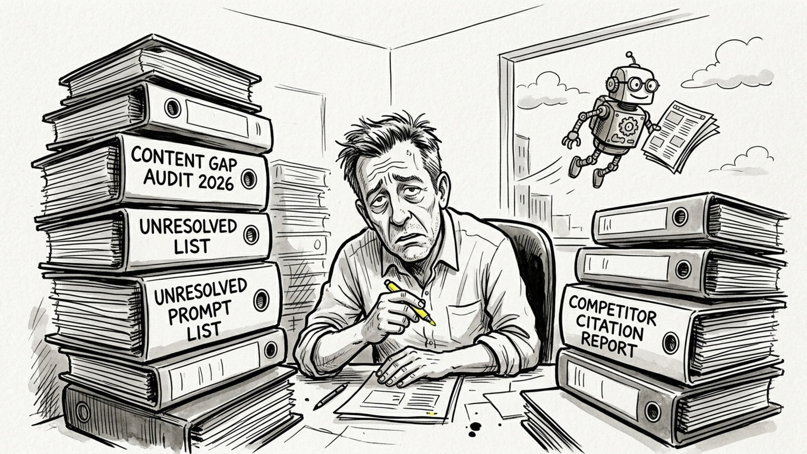 Cartoon of a marketer buried under content-gap audits while an AI crawler passes outside.