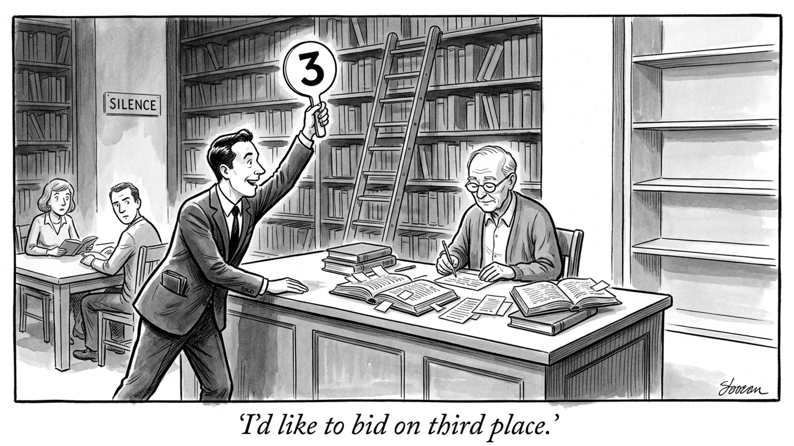 Cartoon of a businessman raising an auction paddle at a library desk while the librarian builds an answer from books, ignoring his bid for third place.
