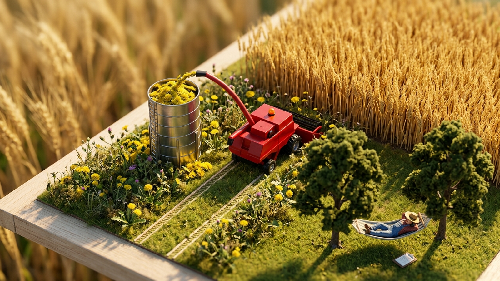 A tiny self-driving harvester busily fills a silo with weeds while the wheat goes untouched and the farmer naps in a hammock: automation chasing the wrong goal.