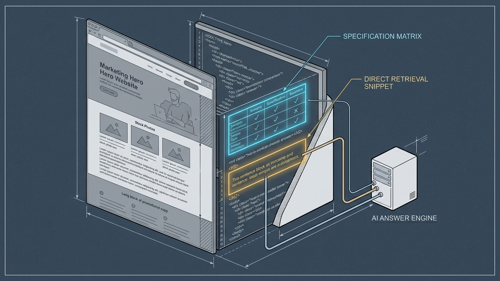 An AI retrieval bot passes over marketing copy and extracts a page’s structured specifications.