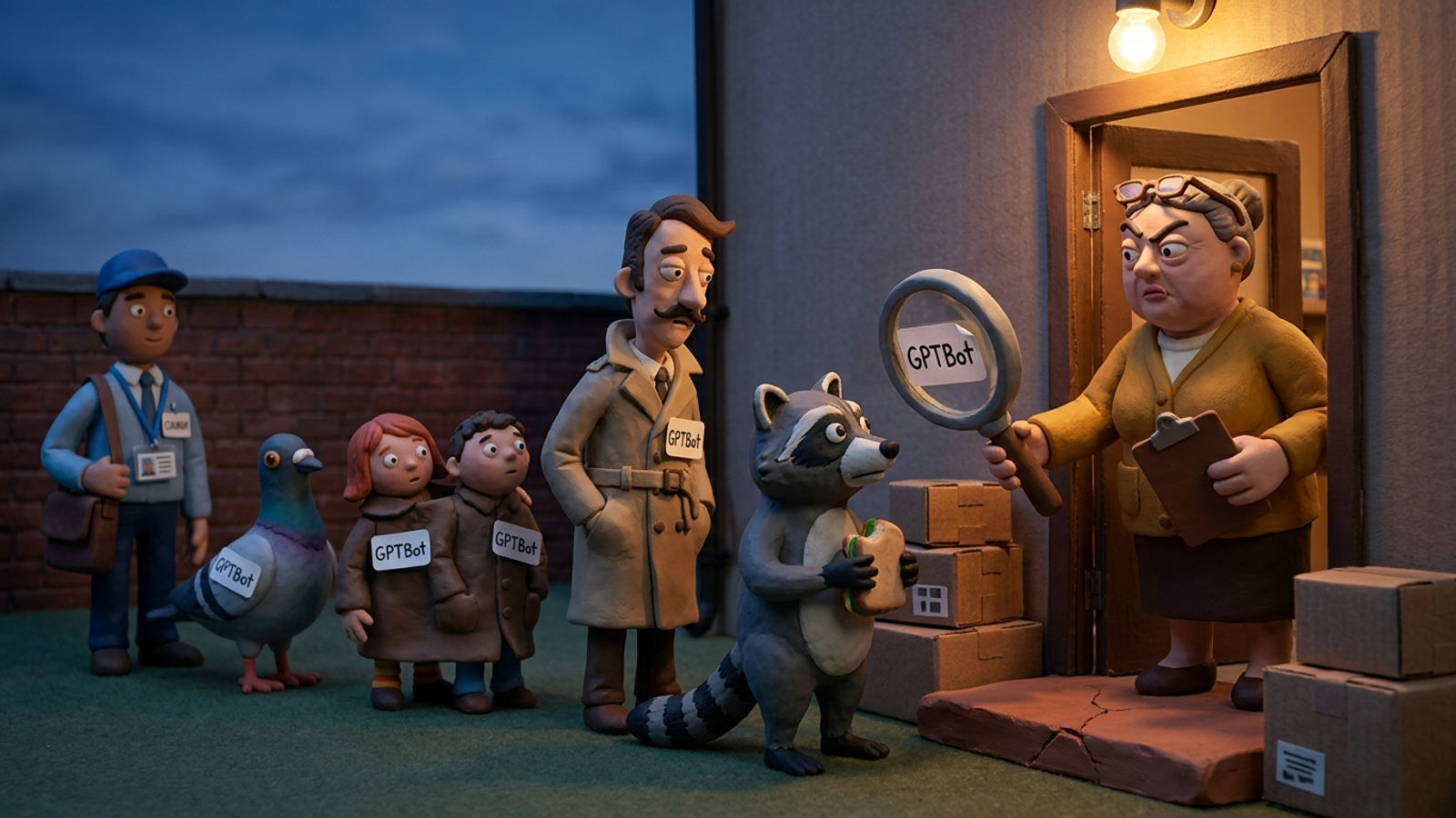 Clay shop owner inspects a queue of disguised visitors (a raccoon, a fake-moustached man, kids in a coat), all wearing 'GPTBot' name tags.