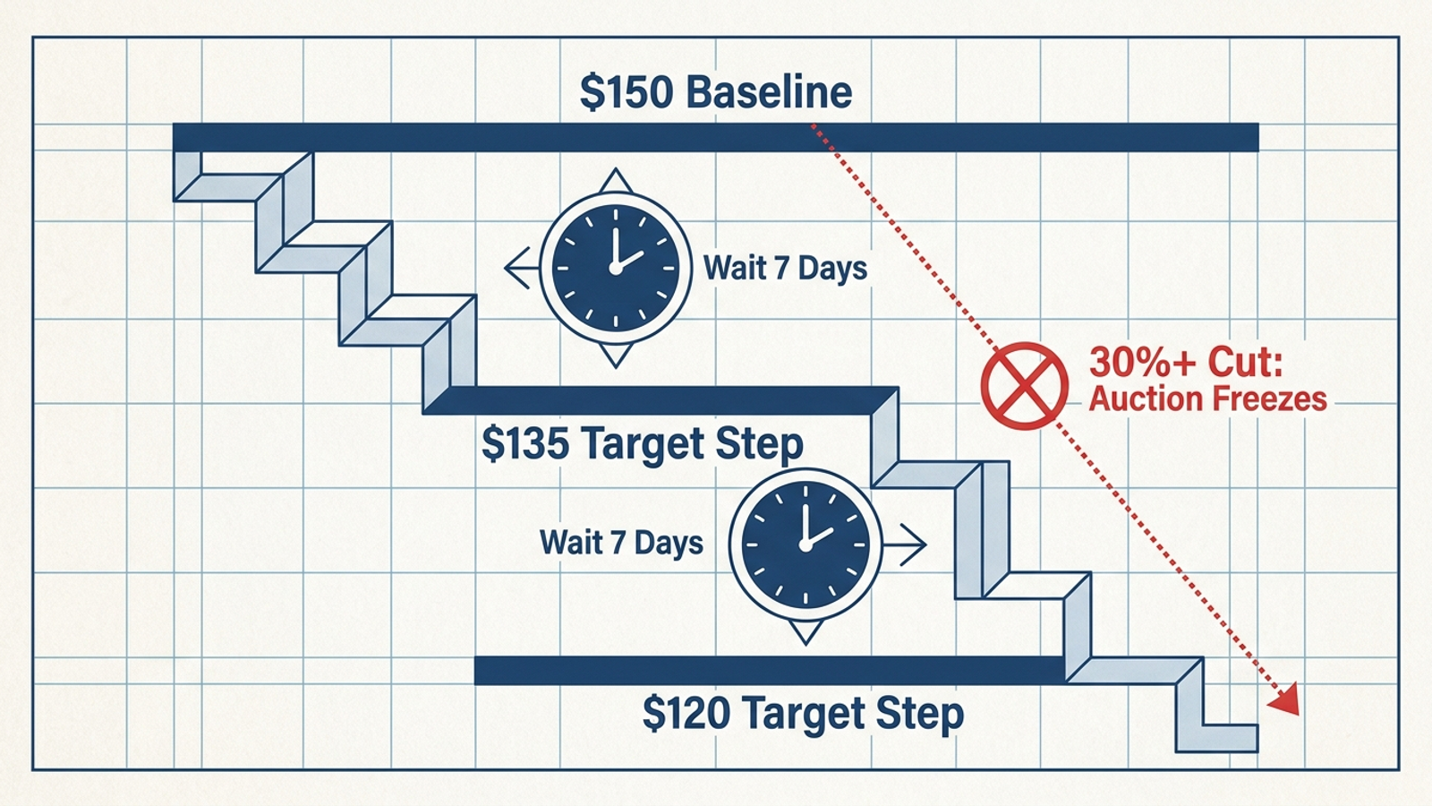 A step-ratchet diagram contrasting incremental 10%–15% Target CPA cuts with one steep cut.