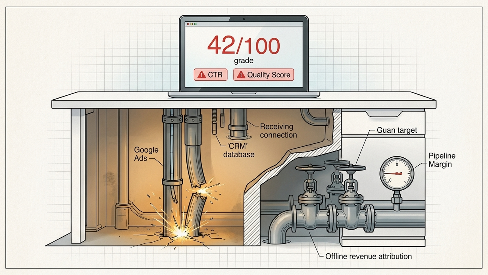 Diagram of ad-grader alerts above disconnected offline revenue-tracking cables.