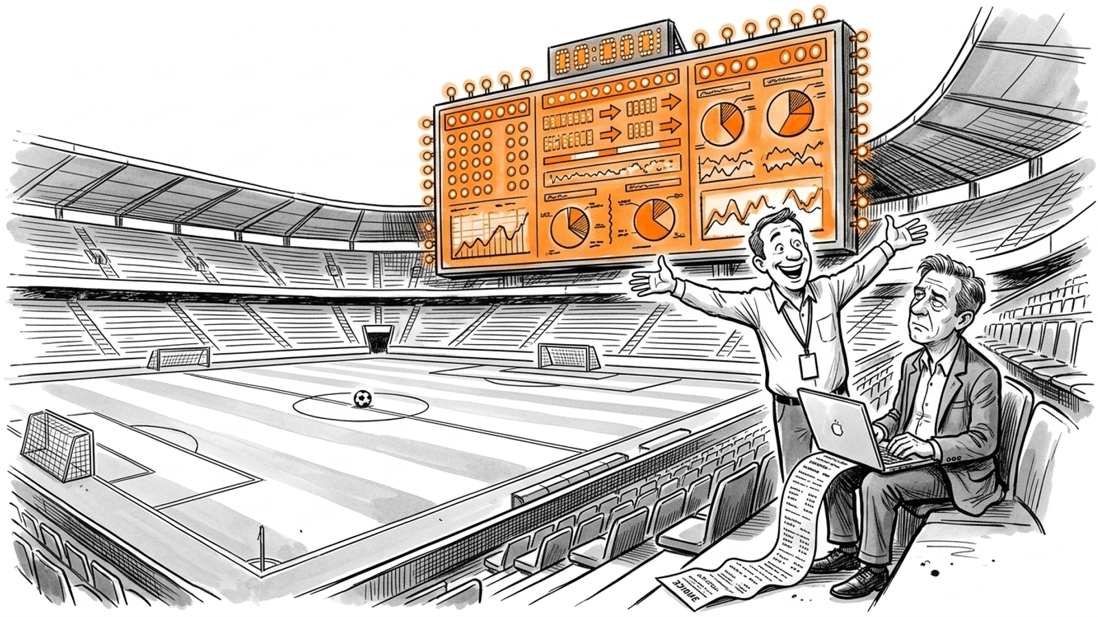 Cartoon of a business owner in an empty stadium staring at a dazzling scoreboard over a field with no players, as monitoring tools track but never play.
