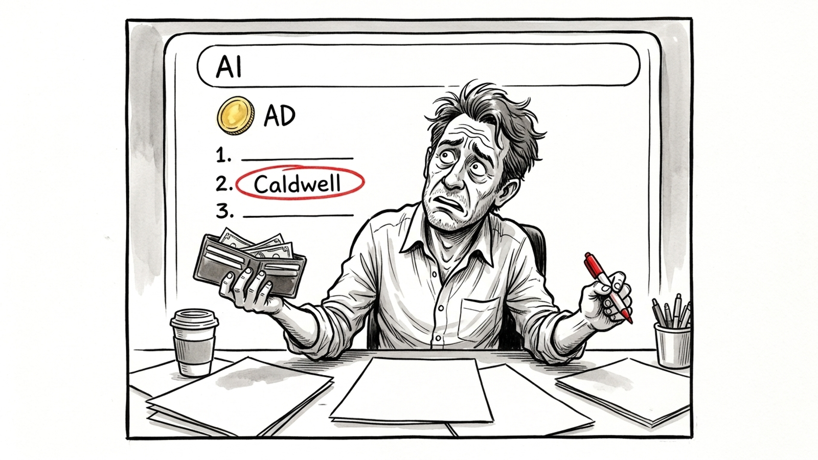 Ink cartoon of an advertiser choosing between earning a citation and buying an ad slot